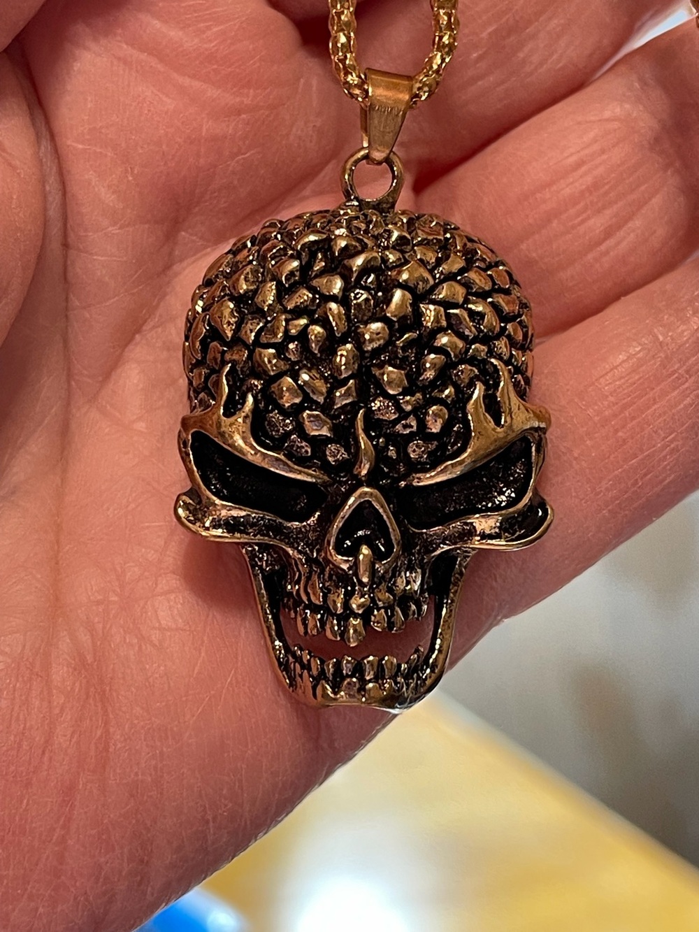 Skull Textured Gold Tone Pendant Necklace. NWOT